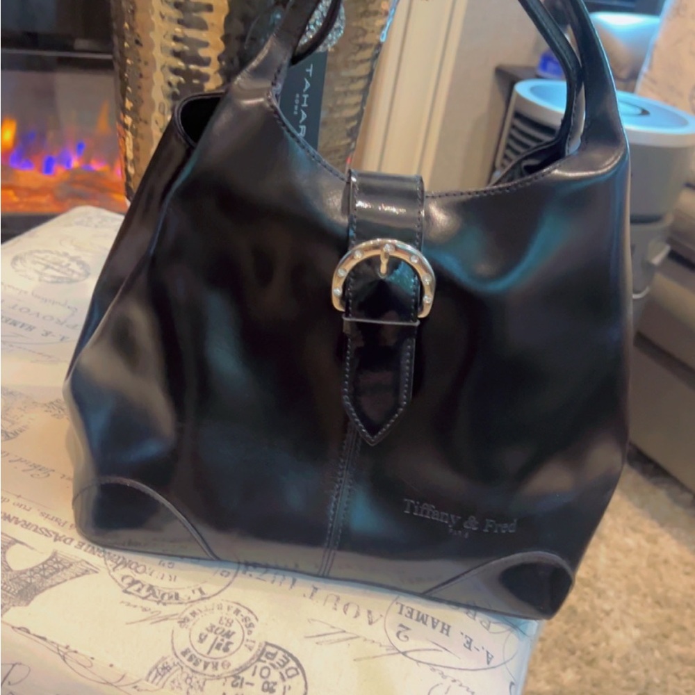 Tiffany & Fred Black Leather Shoulder Bag with Silver Buckle